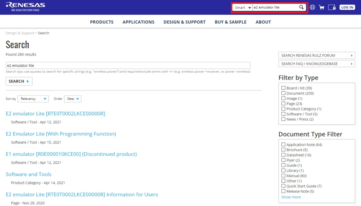 How to Find E2 Emulator Lite Product Page | Renesas Customer Hub